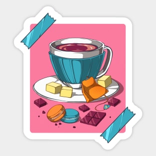 The teatime with some hot tea and sweets Sticker